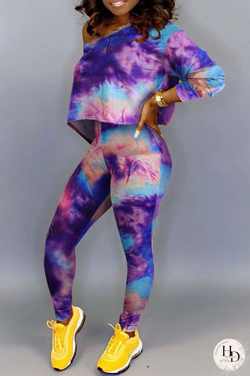 Green Fashion Casual Print Tie-dye Oblique Collar Long Sleeve Two Pieces