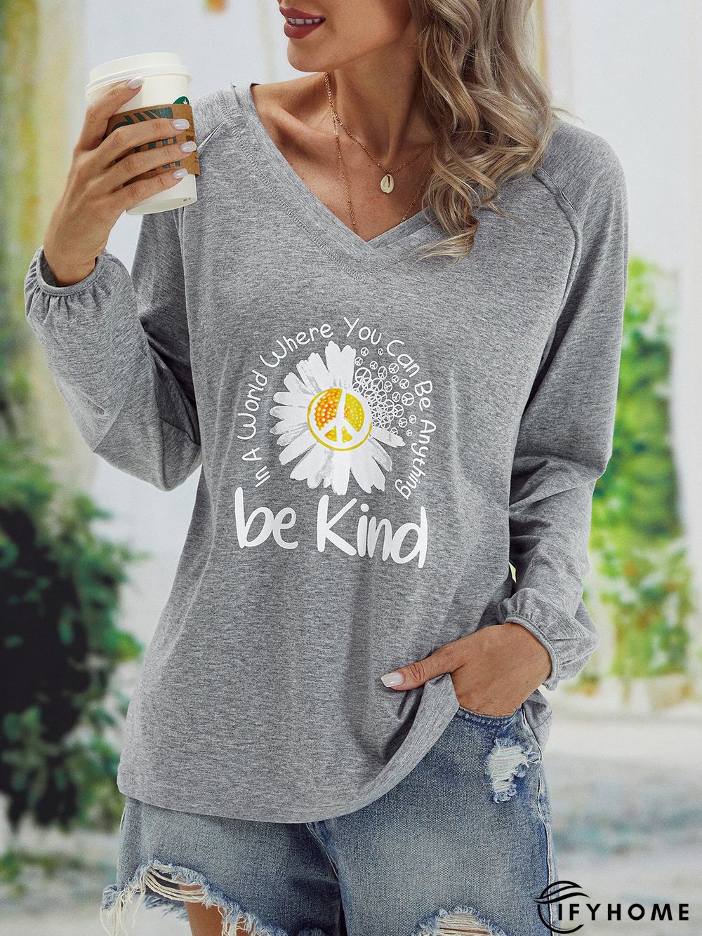 Casual V neck Long Sleeve Printed Tunic T-Shirt | IFYHOME