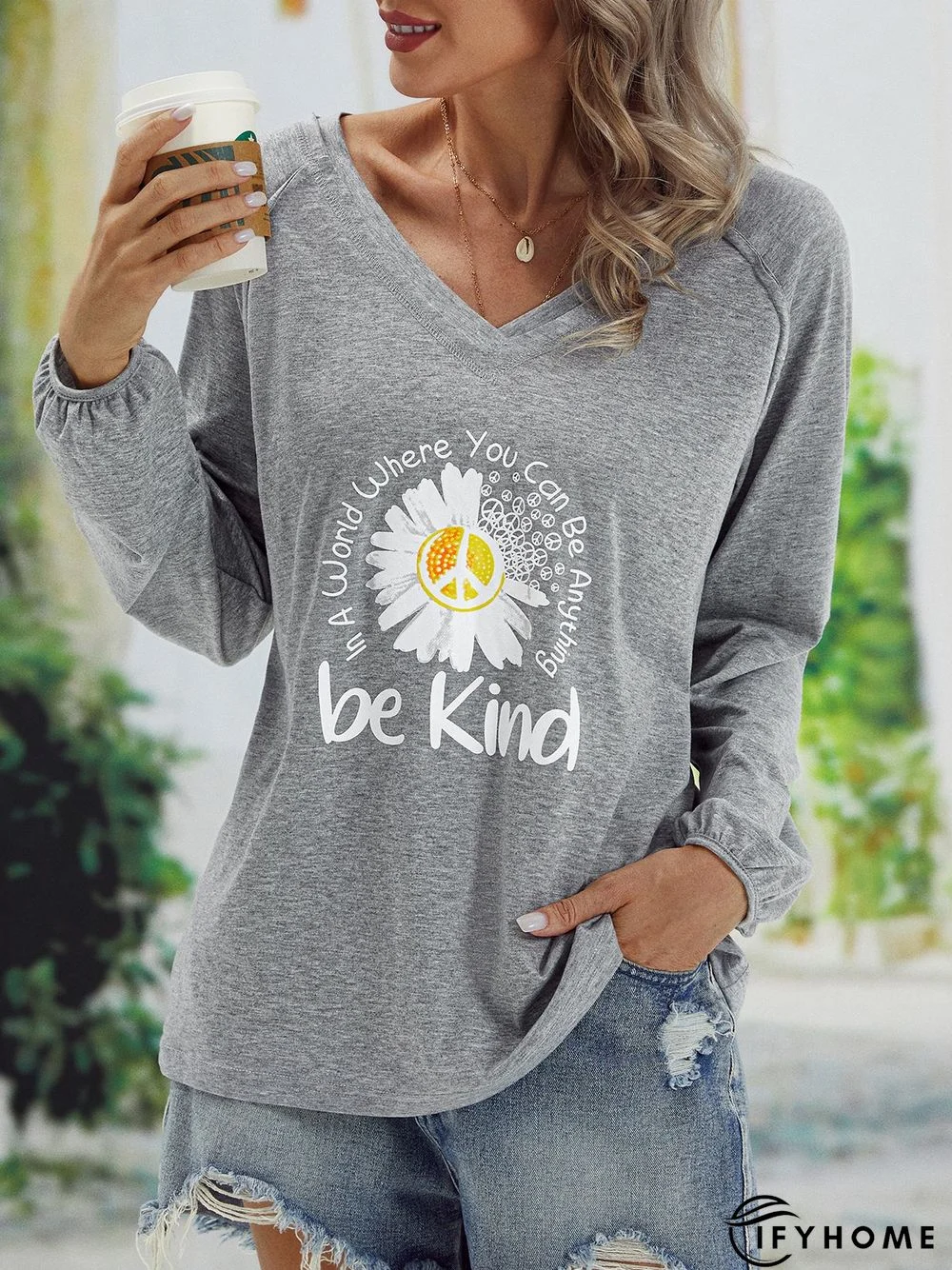 Casual V neck Long Sleeve Printed Tunic T-Shirt | IFYHOME