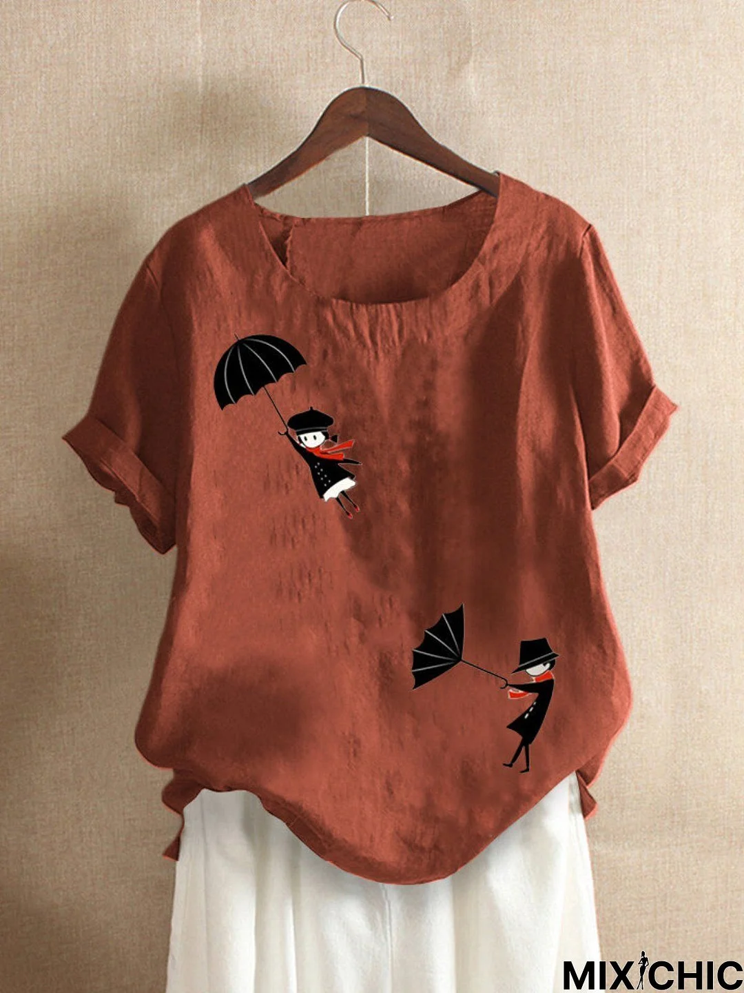 Orange Red Cotton Round Neck Short Sleeve Linen Tops