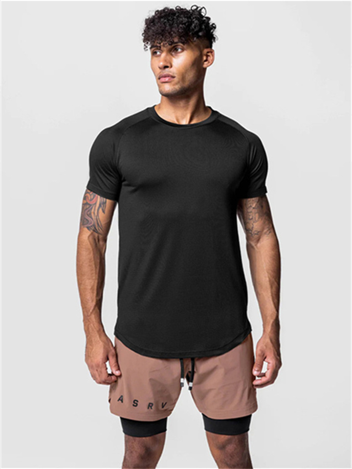 Summer New Men's Sports T-shirt Trend Quick Dry Breathable Round Neck Ice Silk Short-sleeved Male Solid Color Hem Open Bottoming Shirt