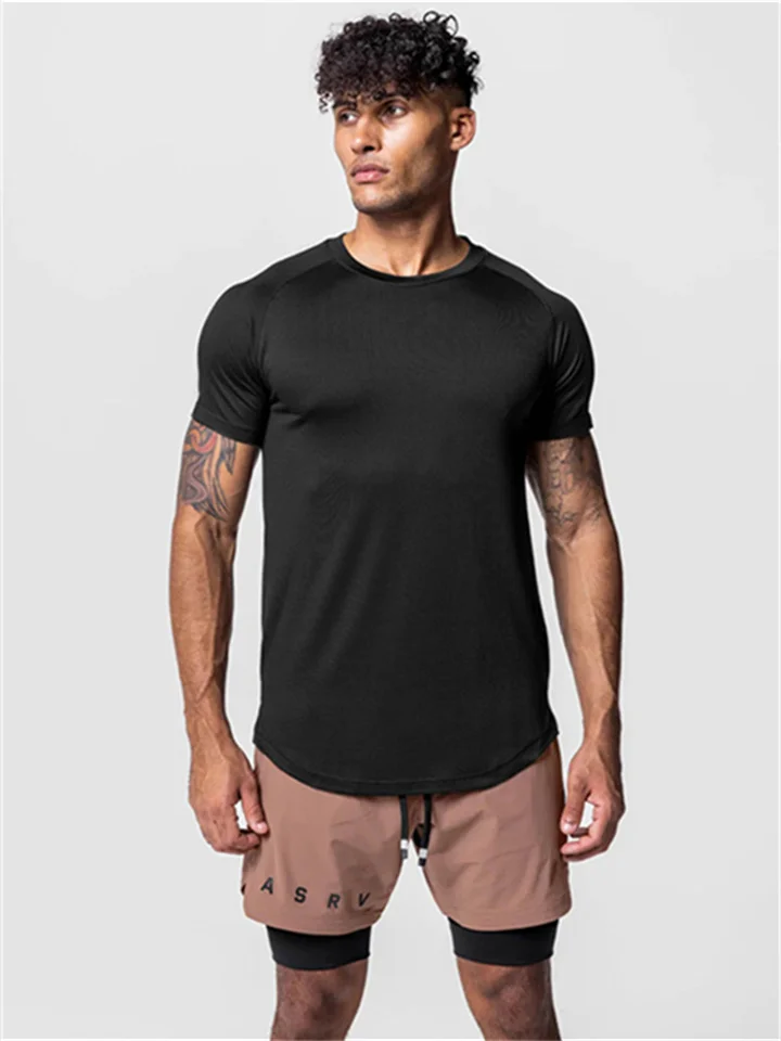 Summer New Men's Sports T-shirt Trend Quick Dry Breathable Round Neck Ice Silk Short-sleeved Male Solid Color Hem Open Bottoming Shirt-Cosfine