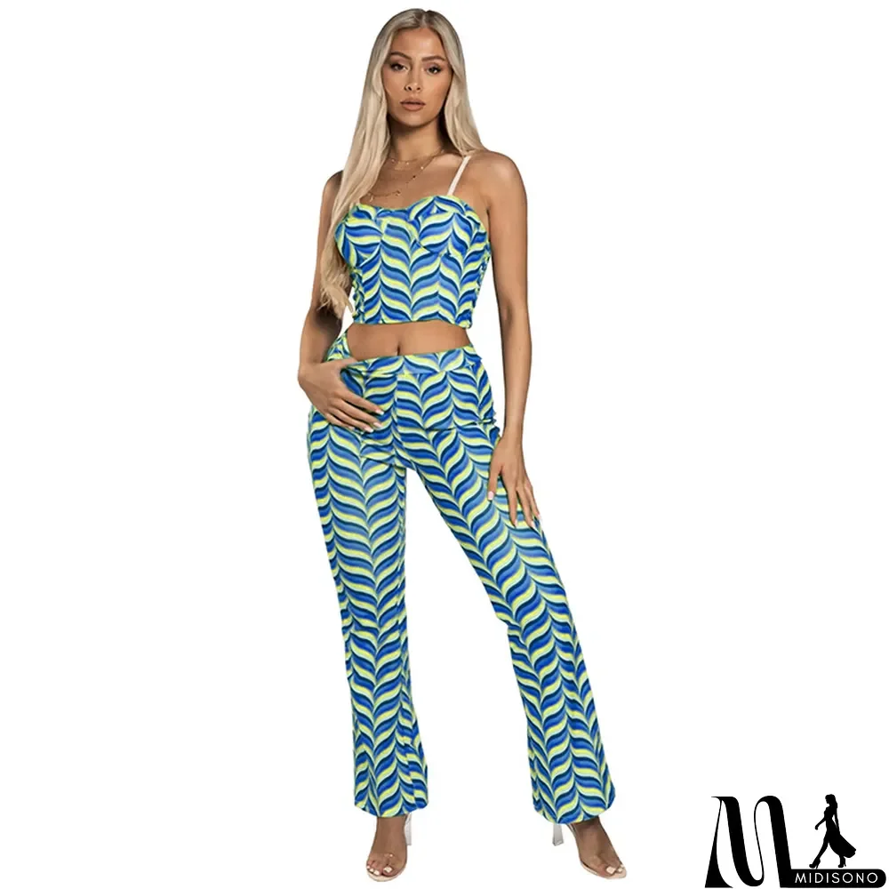 MidiSono - Women's Fashion Print Straps Backless Top Flared Pants Casual Two Piece Set