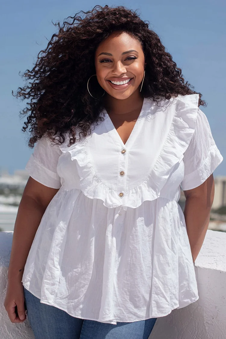 Xpluswear Design Plus Size Vacation White V Neck Short Sleeve Ruffle Button Tops [Pre-Order] 2024 - Xpluswear