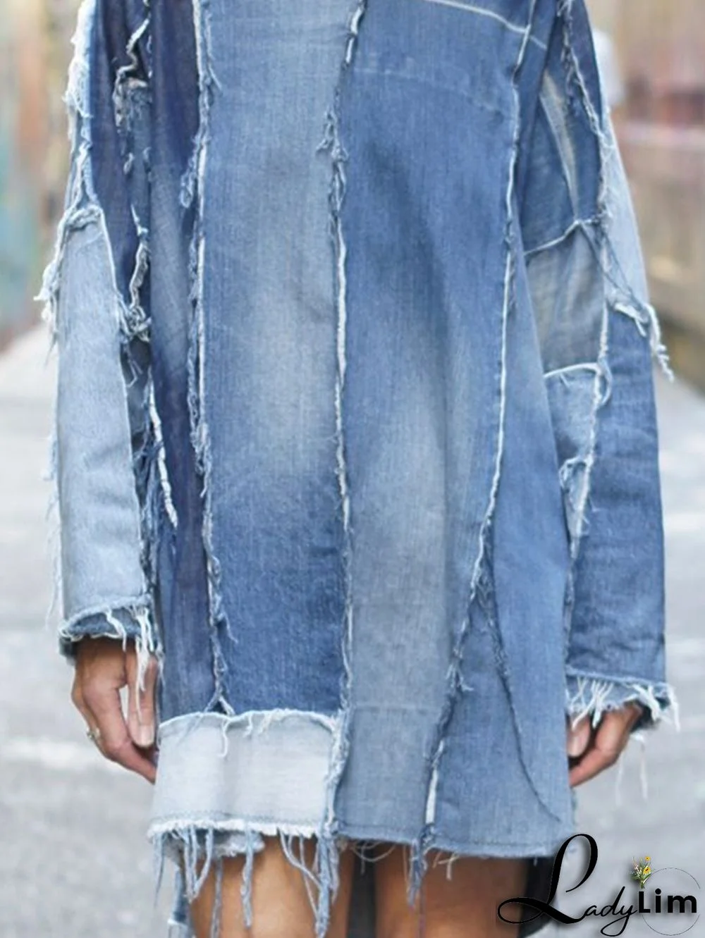 Casual Raw Trim Patchwork Crew Neck Long Sleeve Mini Dress