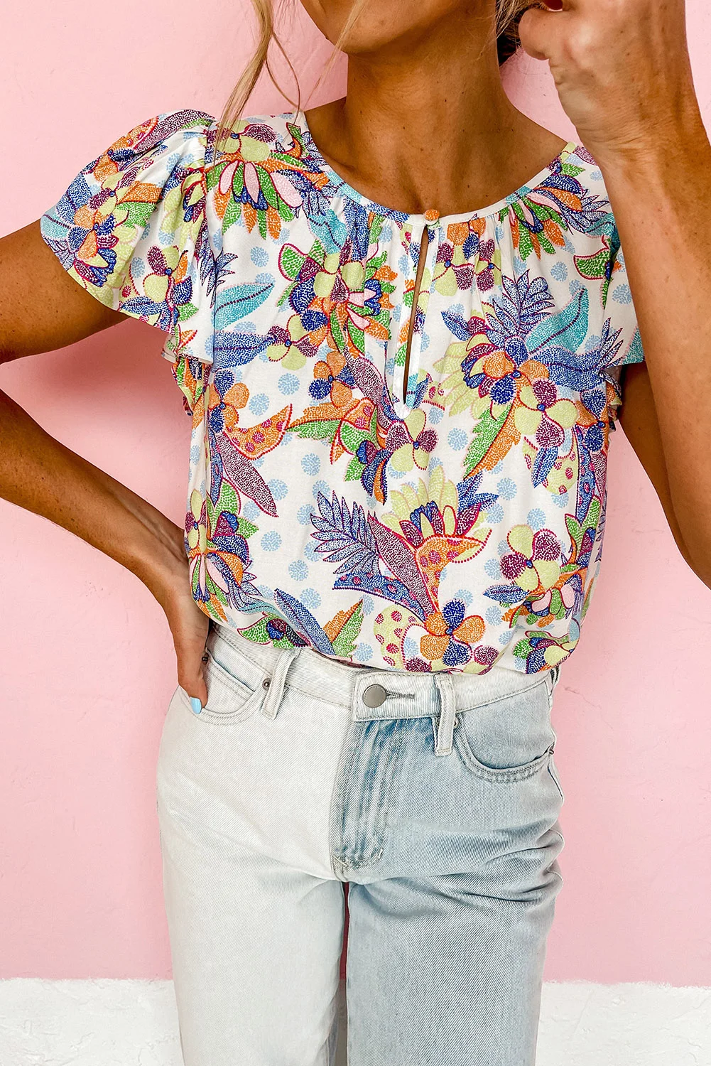 Sky Blue Floral Buttoned Round Neck Ruffled Sleeve Blouse | IFYHOME