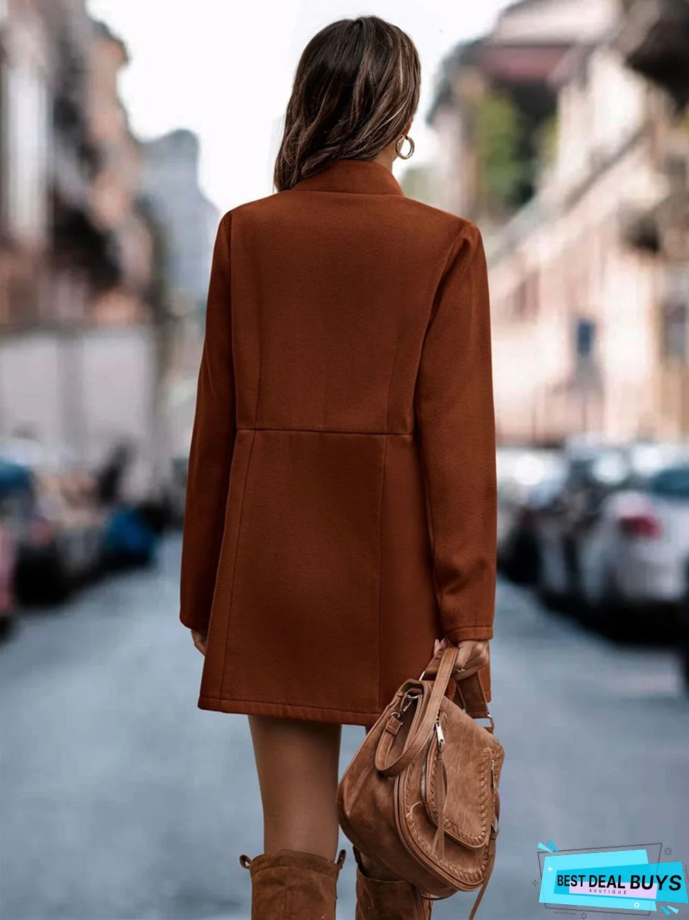 Solid Color Slim Long Sleeve Pocket Ladies Coat