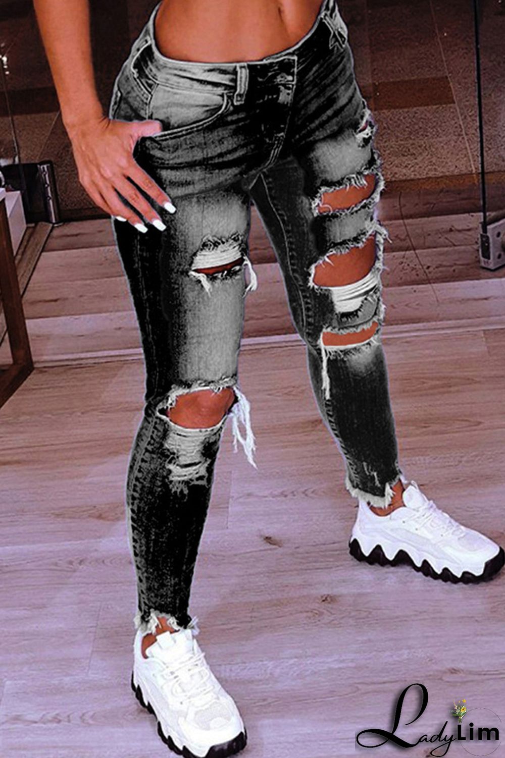 Dark Blue Fashion Casual Solid Ripped Low Waist Skinny Denim Jeans