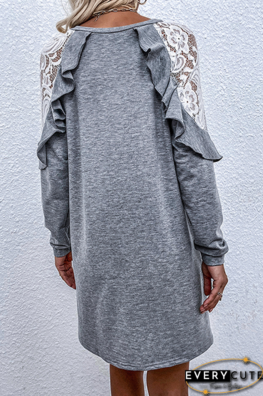 Casual  Lace Hollowed Out Flounce O Neck A Line Dresses