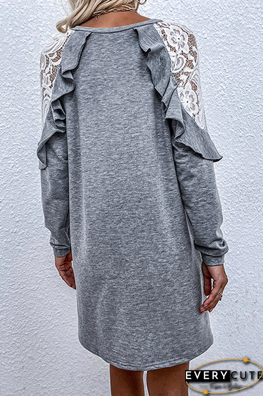 Casual  Lace Hollowed Out Flounce O Neck A Line Dresses