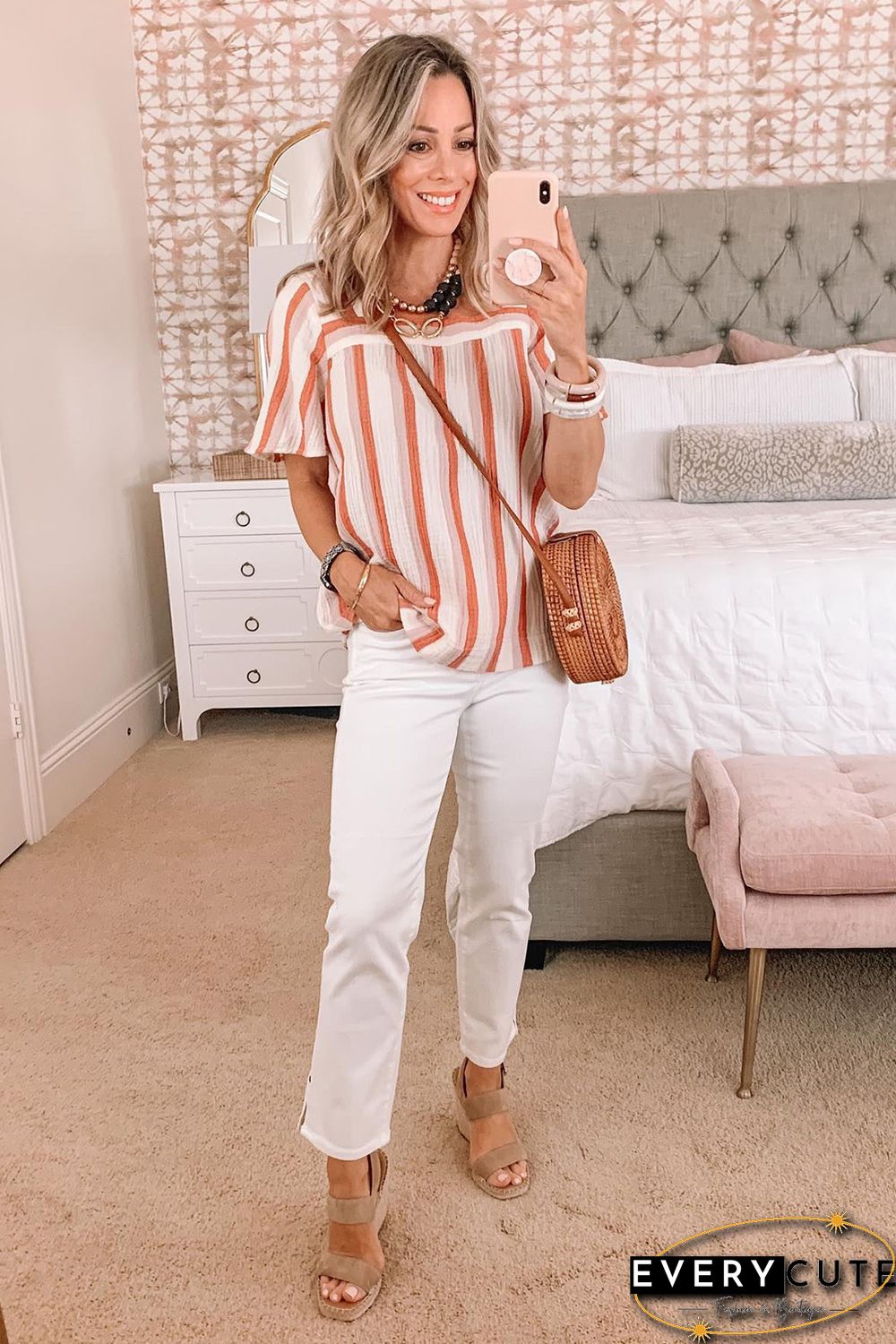Orange Striped Buttoned Back Square Neck Blouse