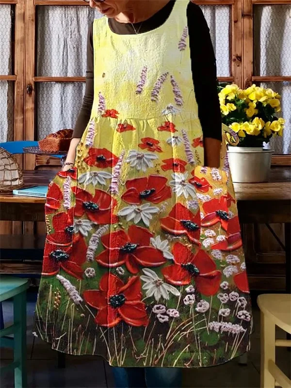 Women's Colorful Oil Painting Floral Print Apron