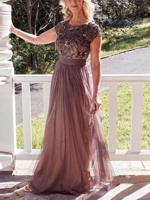 Round Neck Lace Short Sleeve Mesh Solid Color Maxi Dress
