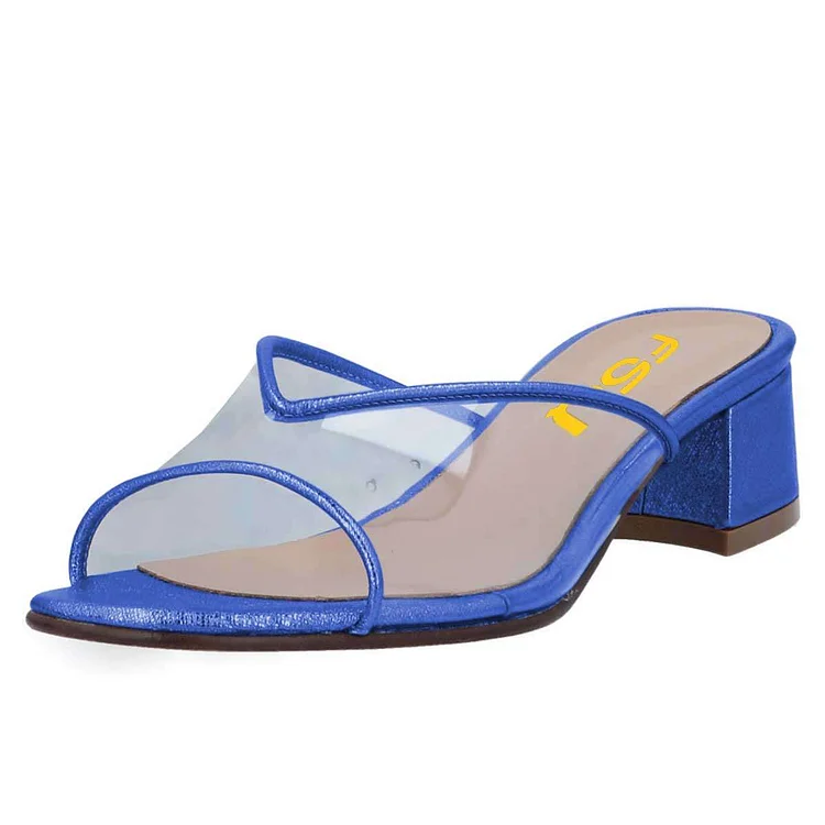 Blue Open Toe Transparent PVC Mules Shoes Block Heel Sandals |FSJ Shoes