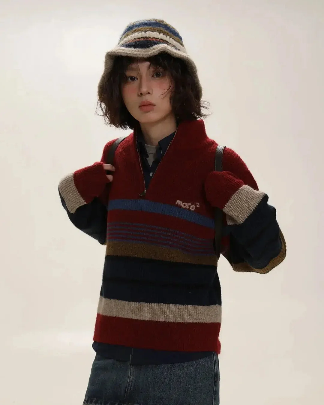 Brownm Aesthetic Knitted Zip Sweater