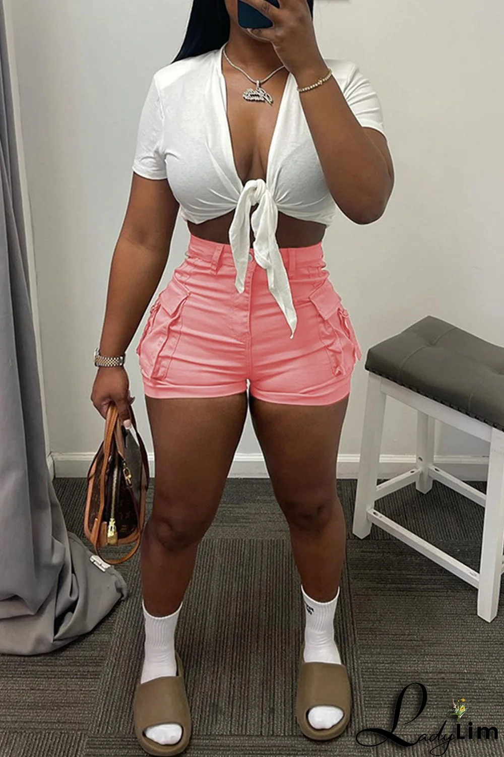 Pink Fashion Casual Solid Patchwork Regular High Waist Shorts