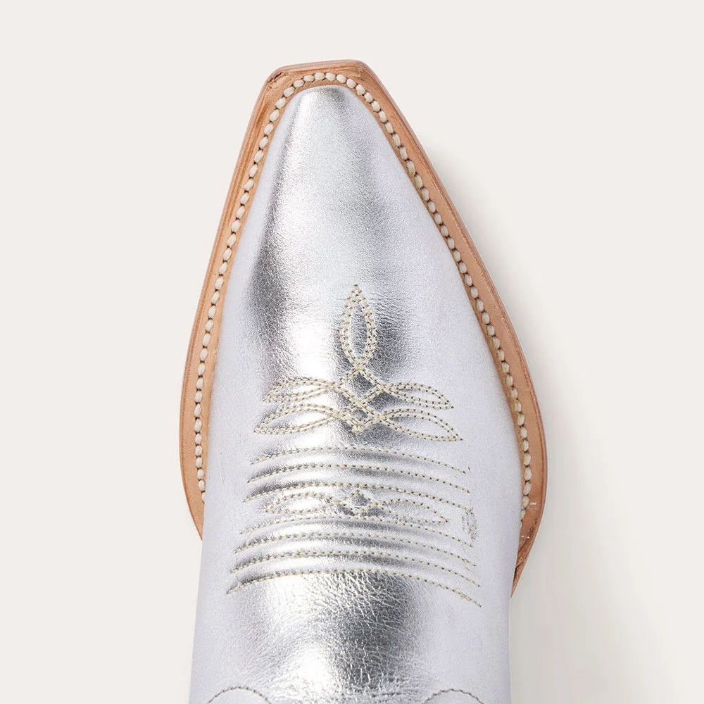 Silver Embroidered Snip Toe Stacked Heel Cowboy Boots for Women