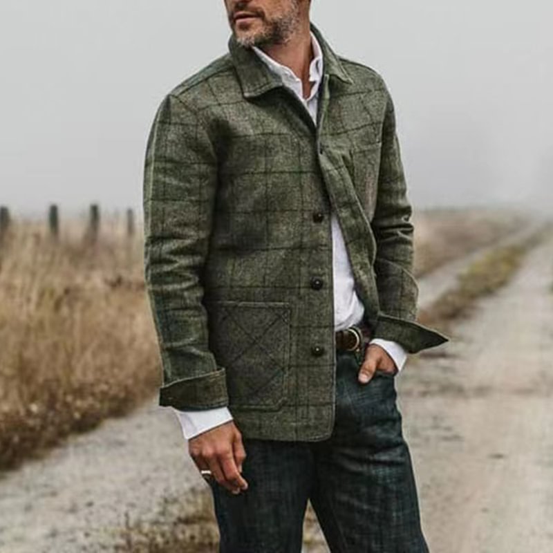 Casual Fitted Army Green Check Jacket