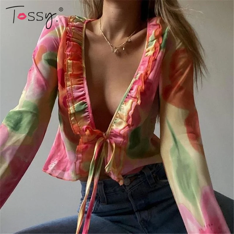 Tossy Fashion Boho Ruffle Blouse See-Through Lace V-Neck Tops For Women Long Sleeve Summer Shirt Party Beach Cropped Top 2021