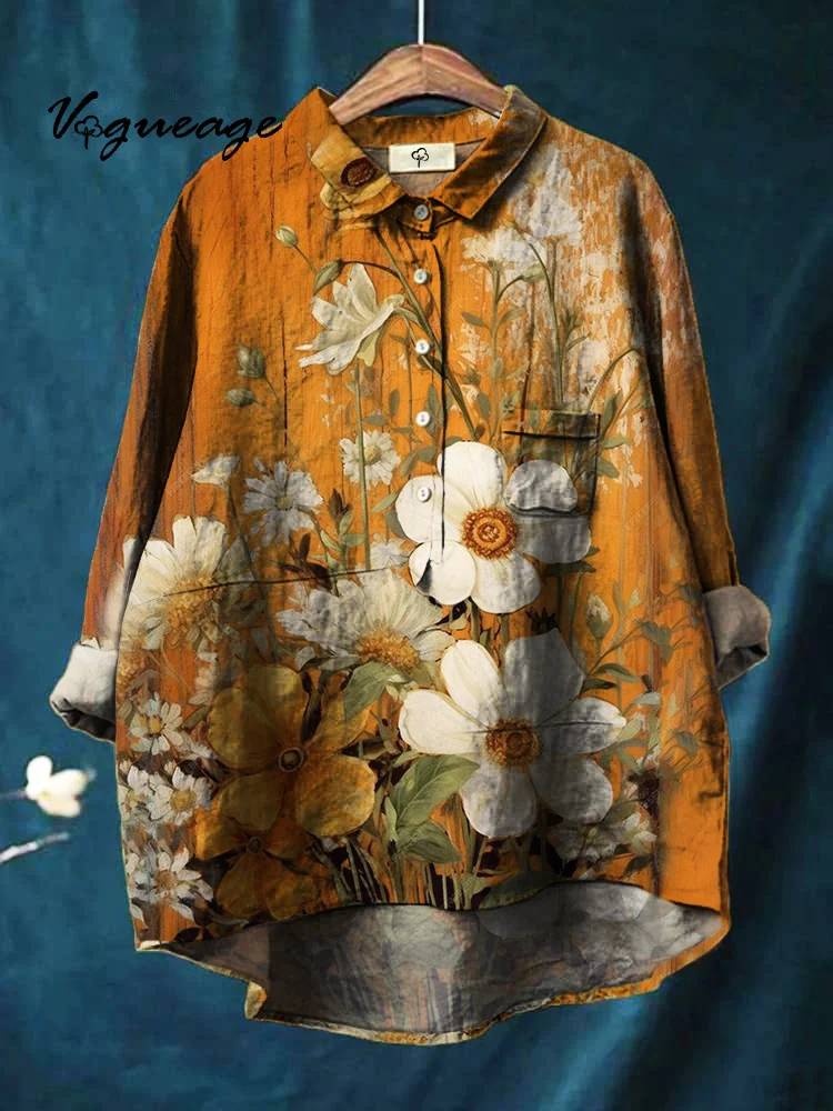 Fashion Gentle And Elegant Ink Flowers Print Cotton And Linen Shirt