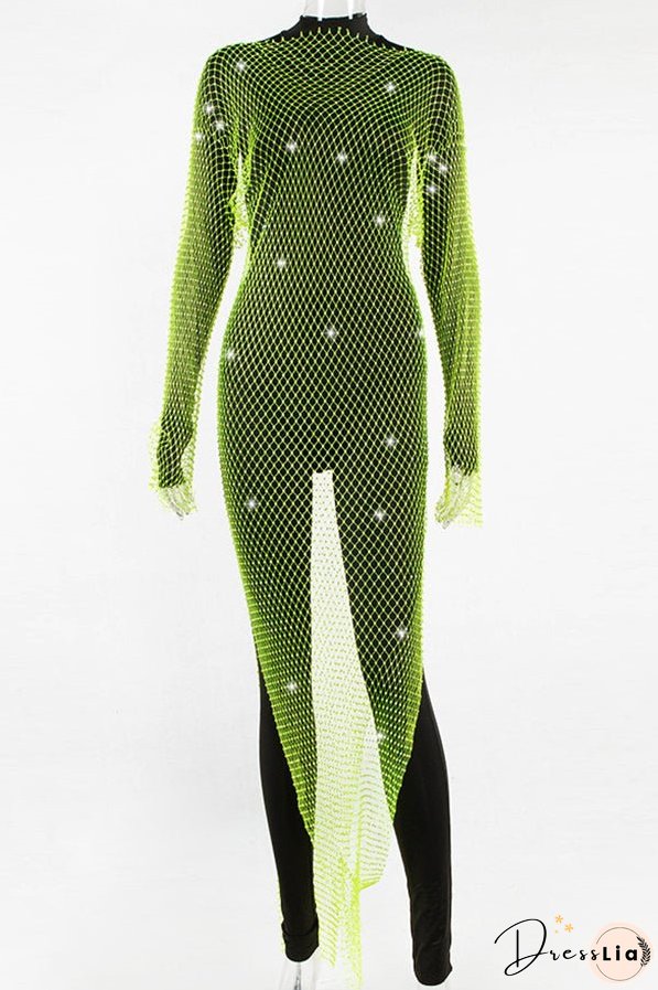 Best Layering Items Diamond Mesh Wide Neck Long Sleeve Slit Cover-up Maxi Dress