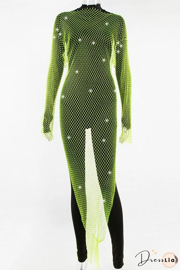 Best Layering Items Diamond Mesh Wide Neck Long Sleeve Slit Cover-up Maxi Dress