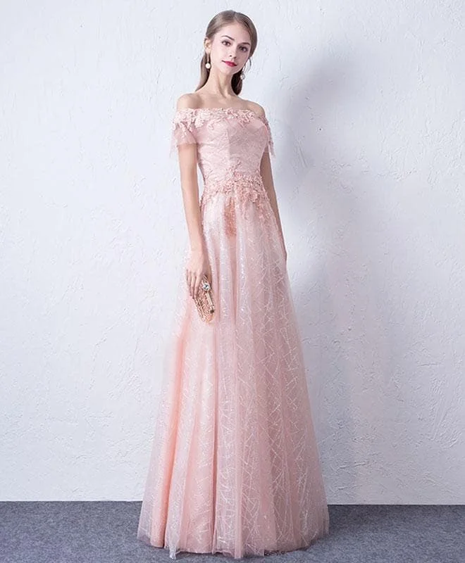Pink Lace Off Shoulder Long Prom Dress, Pink Evening Dress