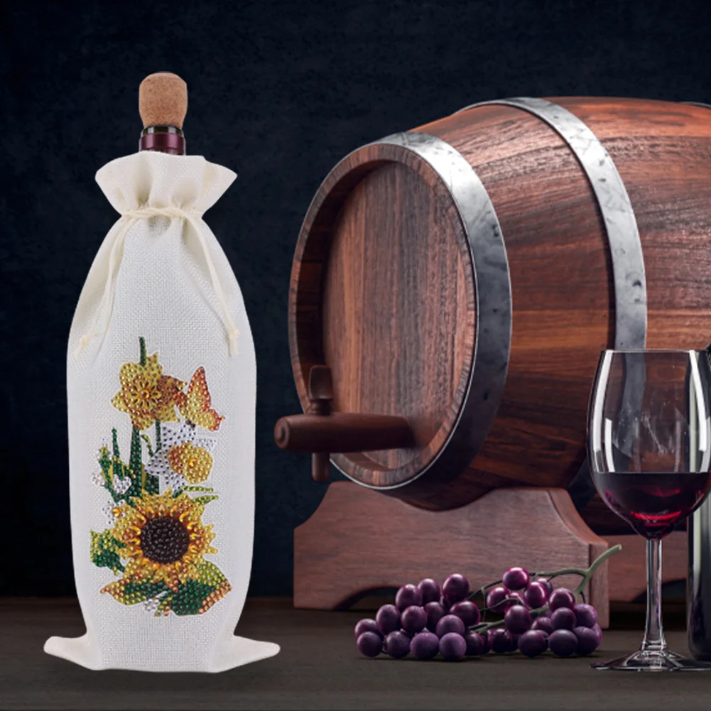 DIY Flower Diamond Painting Burlap Wine Gift Bags Label Liquor Bottle Covers