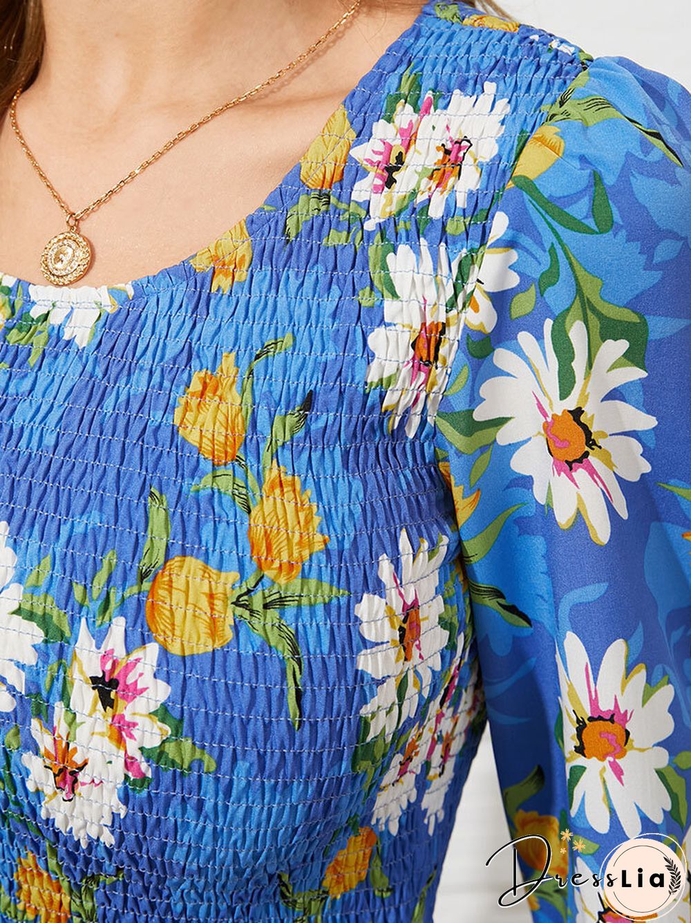 Flower Print Shirred Crew Neck Long Sleeve Dress