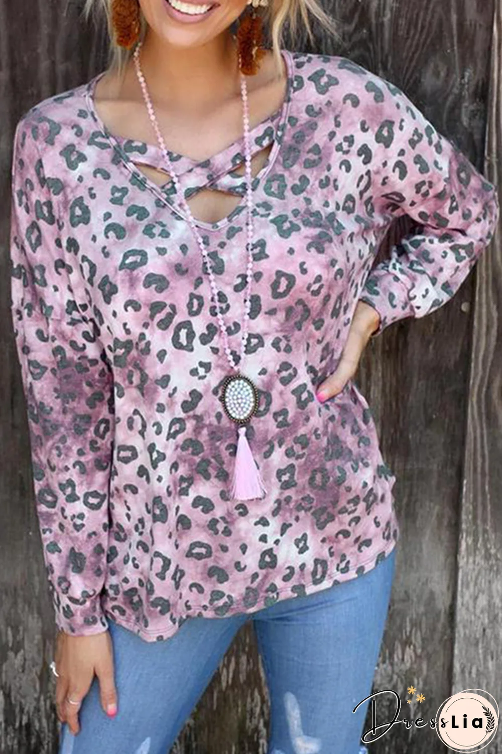 Casual Leopard Hollowed Out Split Joint V Neck Tops(3 colors)