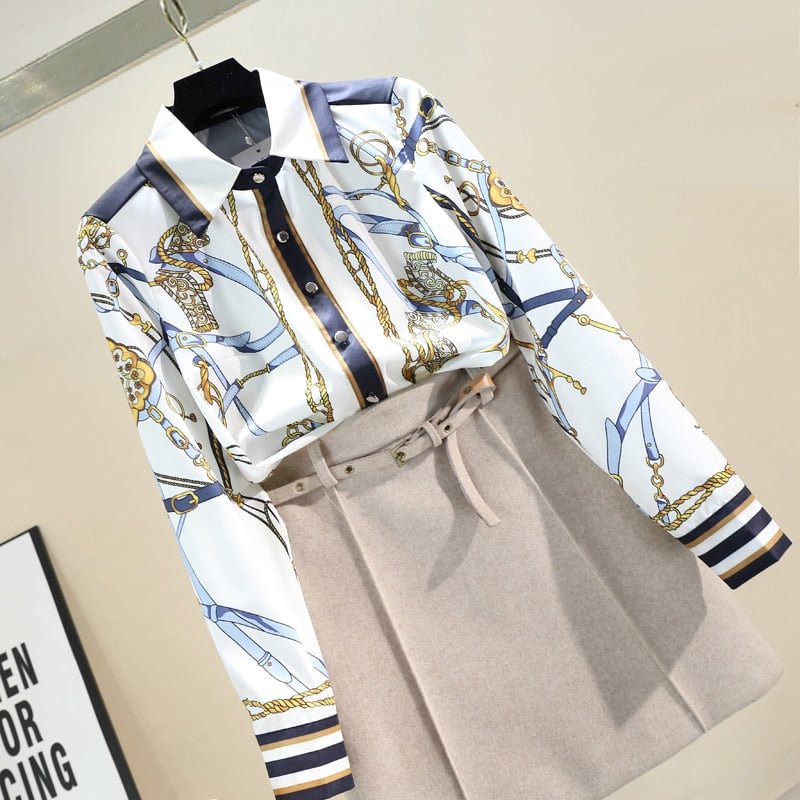 2021 Autumn New Korean Temperament Fashion Blouse Female Lapel Long Sleeve Wild Thin Blusa Chain Print Shirt DK1417