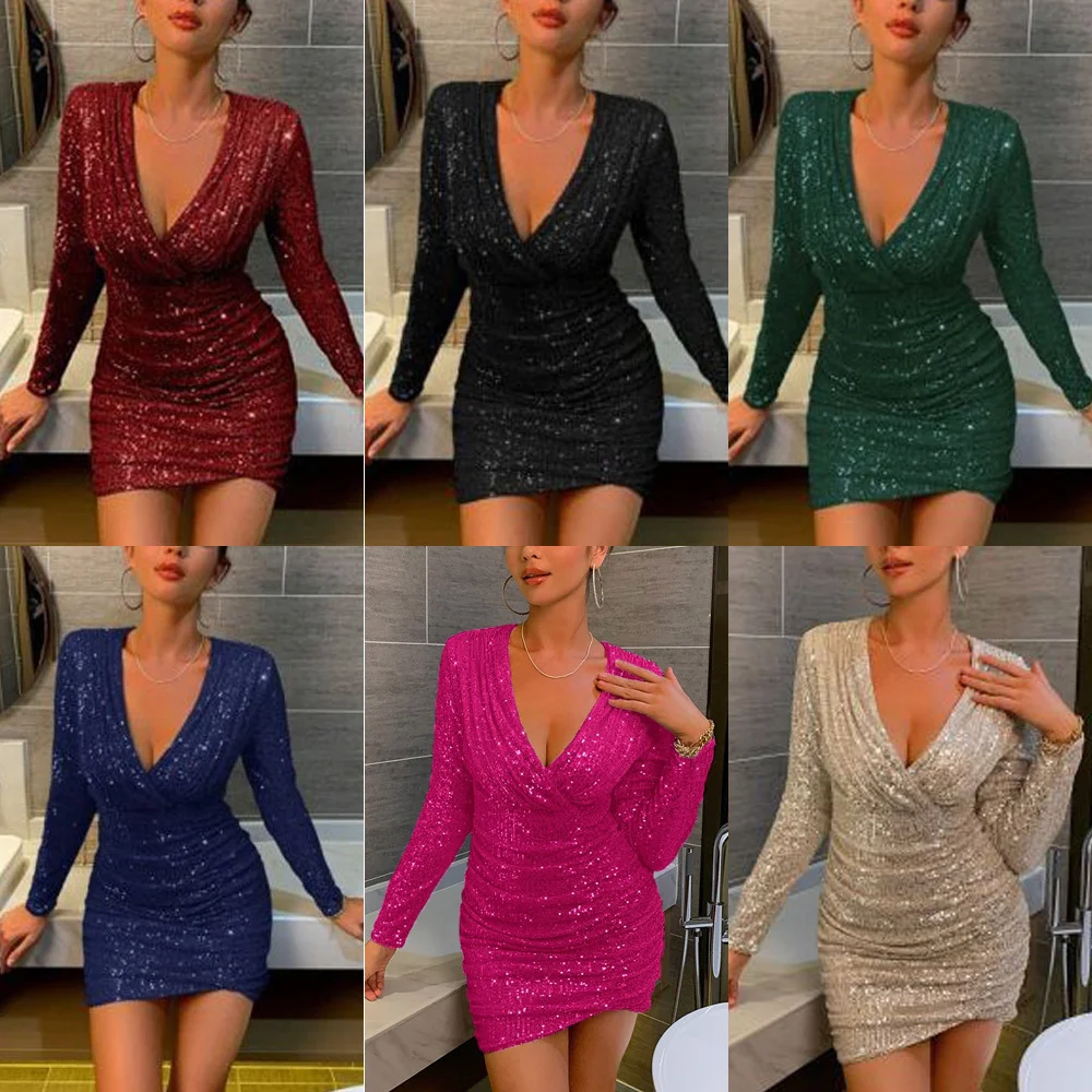 Uveng Uveng Autumn And Winter New Women's Sexy V-Necked Hip Dress Fashion Squin Dress Dress Dress Women