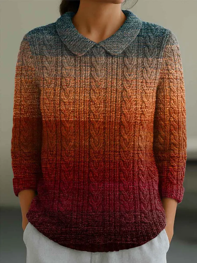 Women's Autumn Gradient Striped Casual Peter Pan Collar 3/4 Sleeve Sweater