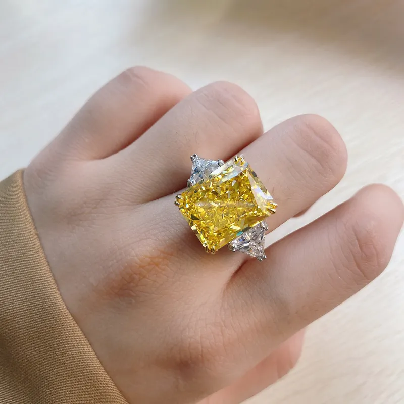 100% 925 Sterling Silver Yellow Pink 13*16mm Ice Flower Cut  High Carbon Diamond Rings For women Sparkling Fine Jewelry  007