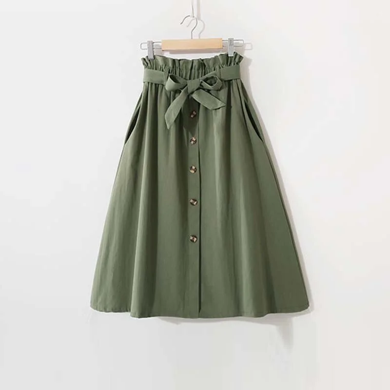 Women Elegant High Waist Midi Skirt Spring And Summer Casual Single-Breasted Solid Black White Bowknot Belt Office A-Line Skirt