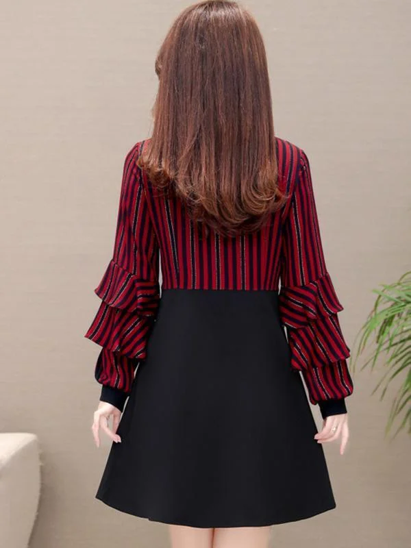 Stripe Puff Sleeve Bow Tie Stitching Shift Dress