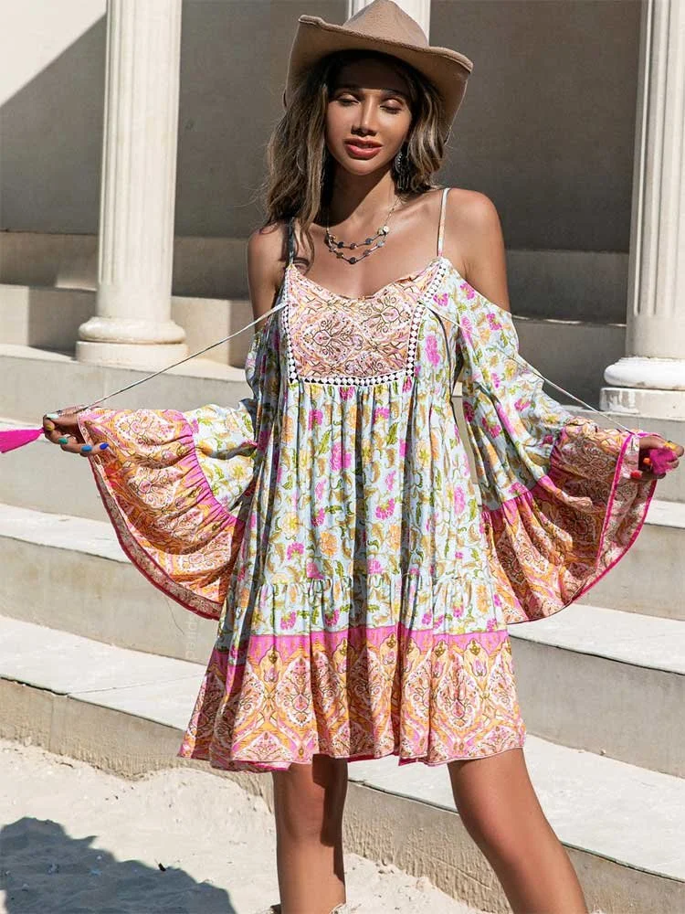 Nncharge Inspired floral print rayon mini boho dress for women off shoulder V-neck half sleeve bohemian boho beach summer dress 2024