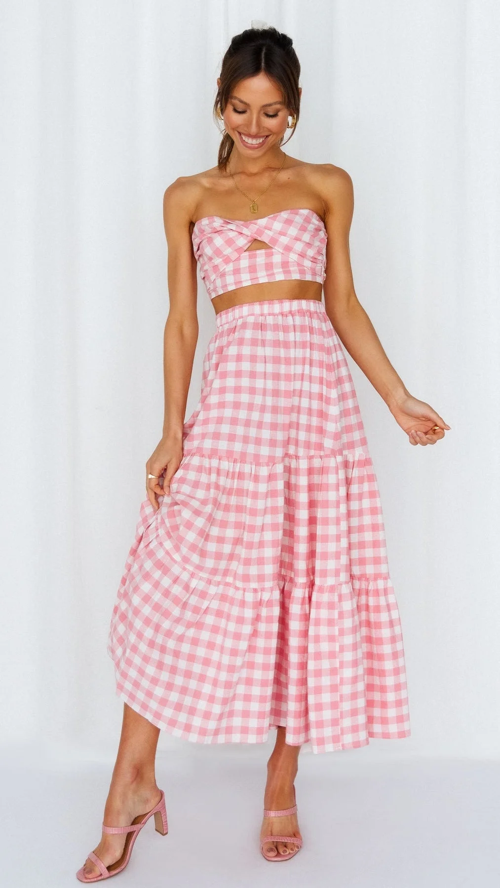 Pink Plaid Off Shoulder Top and Skirt Sets
