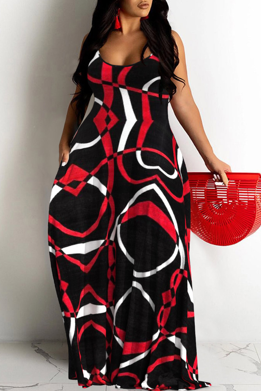 Plus Size Casual Black Line Print Round Neck Sleeveless Pocket Maxi Dress [Pre-Order]