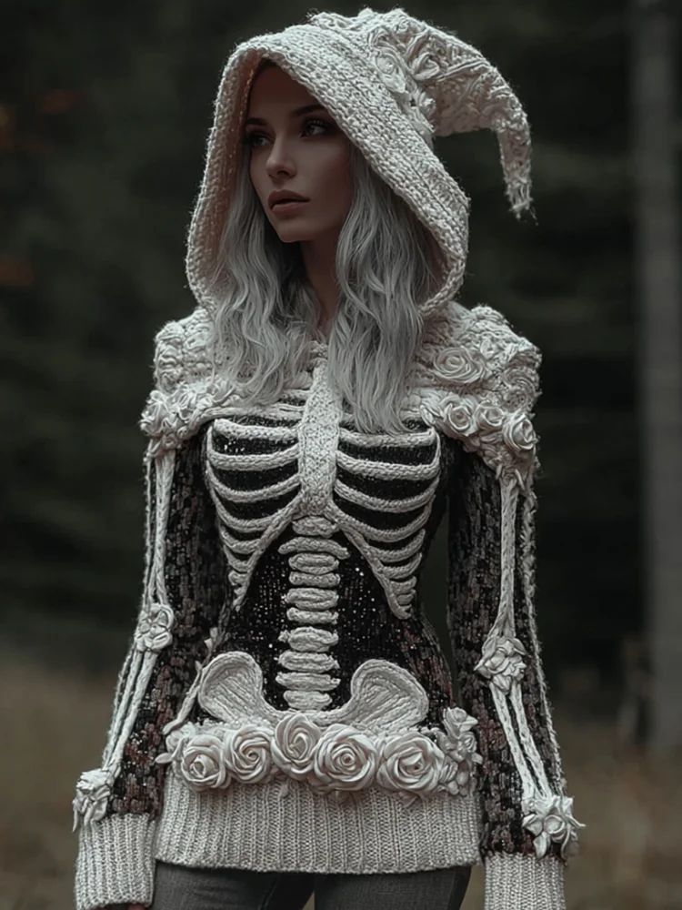 Women's Halloween Skeleton Art And Rose Gothic Hooded Sweater