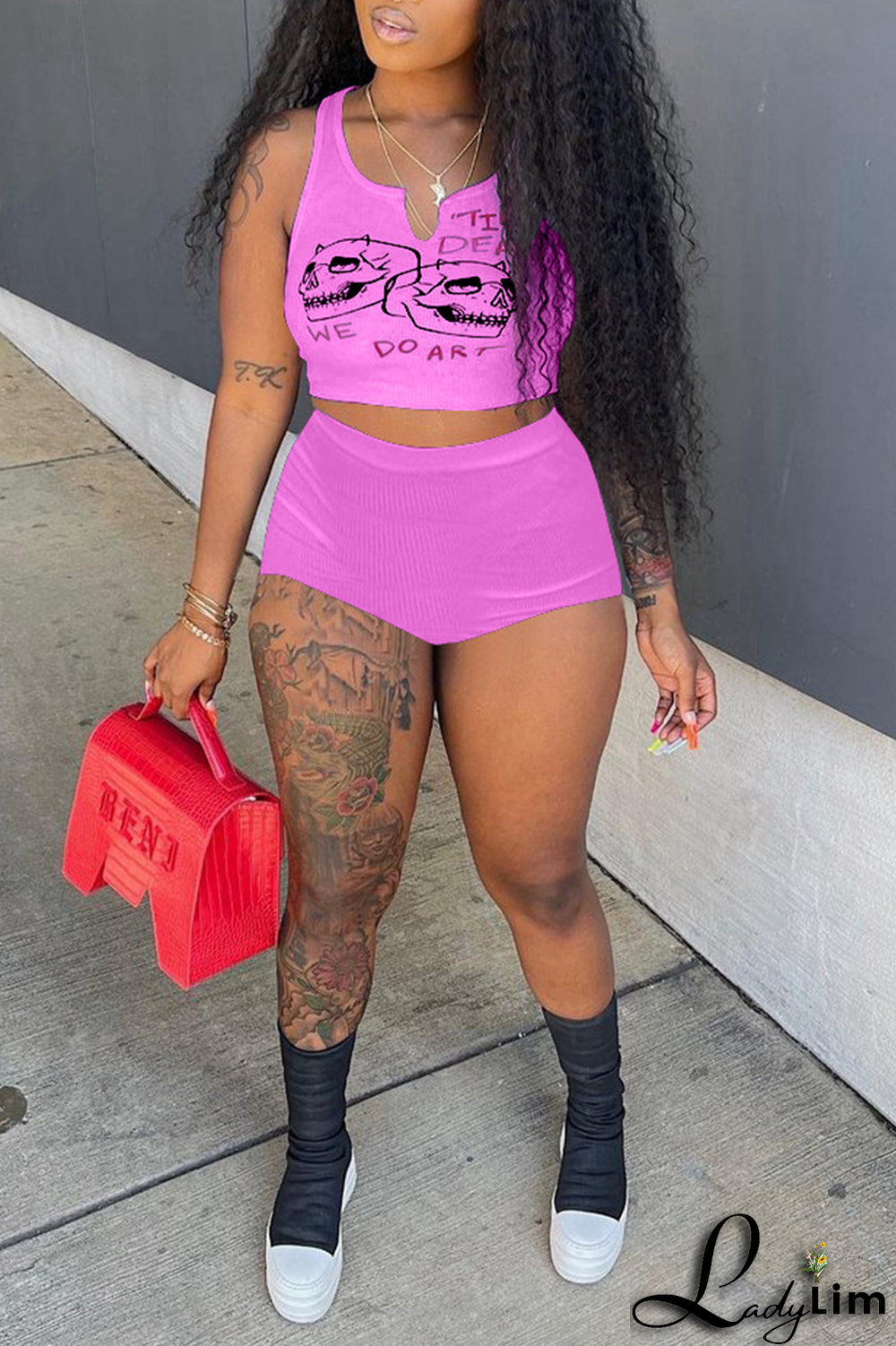 Black Street Print Split Joint U Neck Sleeveless Two Pieces