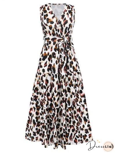 Tied Printed Surplice Tiered Tank Dress