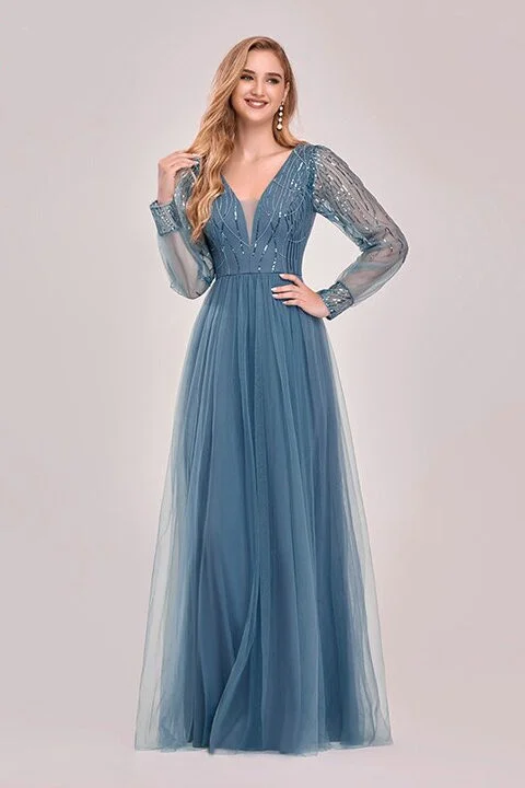 Dusty Blue Long Sleeve V-Neck Sequins Evening Prom Gowns - lulusllly