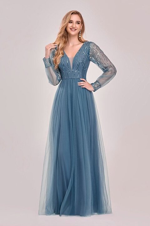 Bellasprom Dusty Blue V-Neck Sequins Evening Prom Gowns Long Sleeve