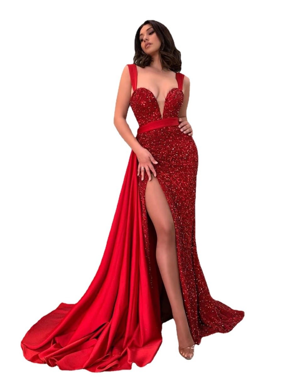 Red Prom Dress Spaghetti Strap Sequins Deep V-Neck Bandage Split Tail Dress