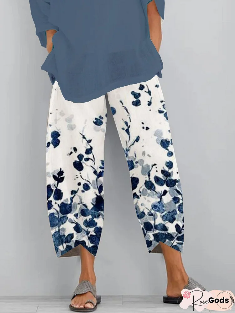 Floral Shift Printed Polyester Vintage Summer Blue Pants