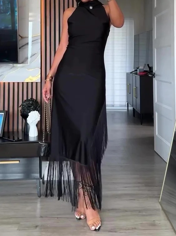 Black Sleeveless Tassel Slit Dress