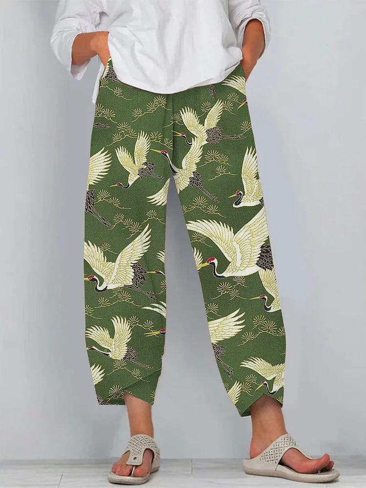 Japanese Crane Print Loose Casual Pants