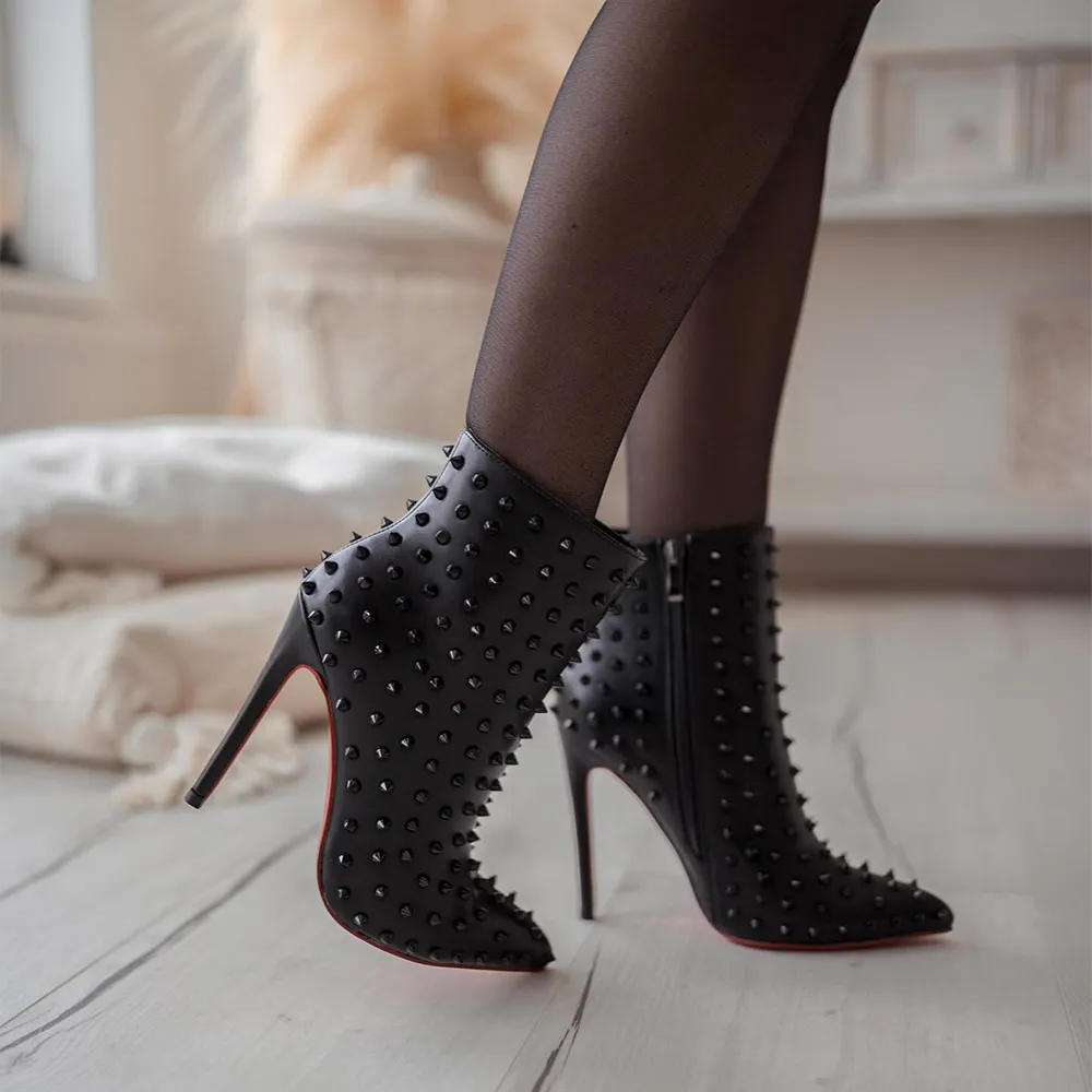 100mm/120mm Women's Ankle Boots with Rivets Closed Pointed Toe Stilettos Red Bottom Boots-vocosishoes
