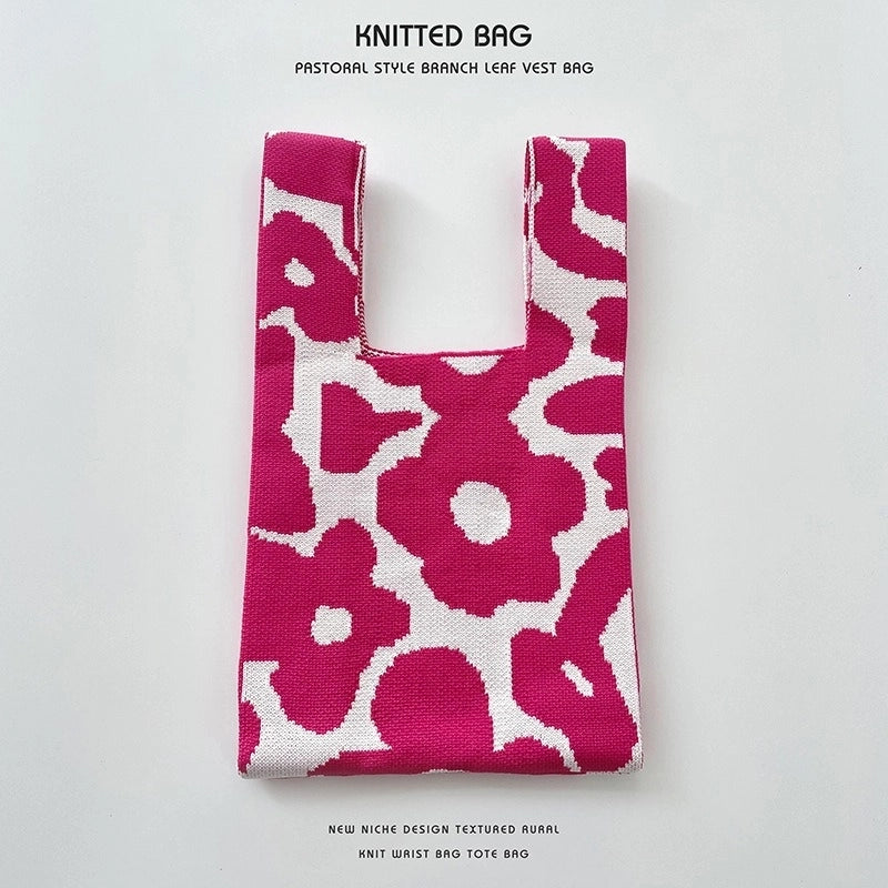 Women’s Medium Knit Letter Flower Cute Vintage Style Square Open Handbag